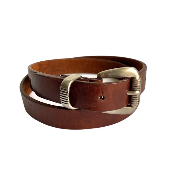 Vintage Accessories - Vintage Brown Leather Skinny Belt Silver Buckle L